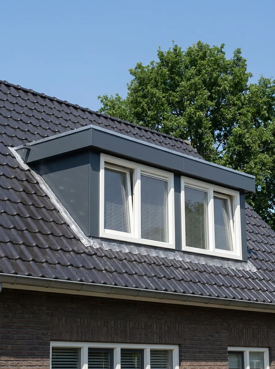 Dakkapel met kunststof kozijnen op een woning, onder een heldere blauwe lucht