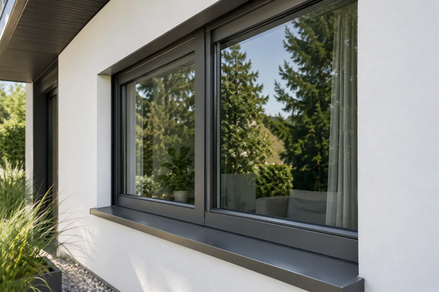 Moderne aluminium kozijnen met grote ramen en een strakke afwerking aan een witte gevel