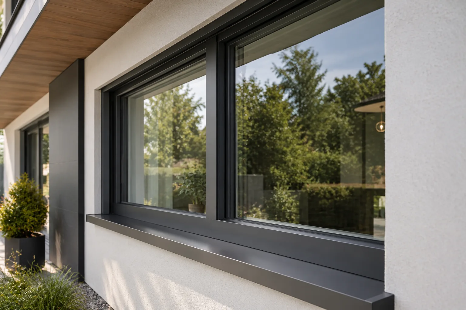 Moderne aluminium kozijnen met een strakke afwerking en zicht op natuur