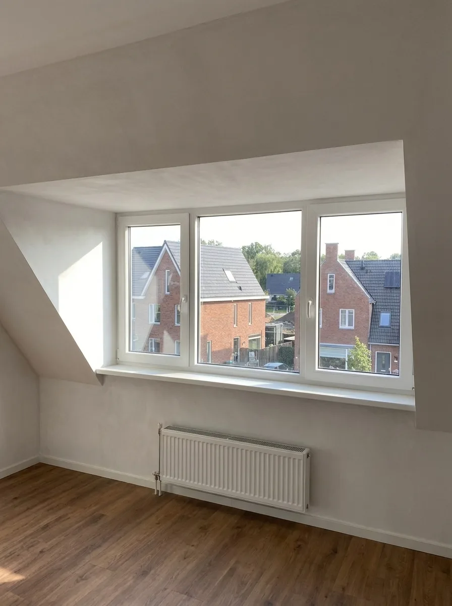 Nieuwe kunststof kozijnen geplaatst in een lichte kamer met houten vloer