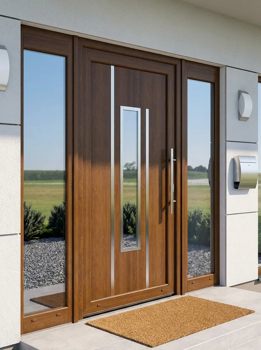 Moderne houten voordeur met glaspartijen en metalen accenten, perfect voor een stijlvolle entree