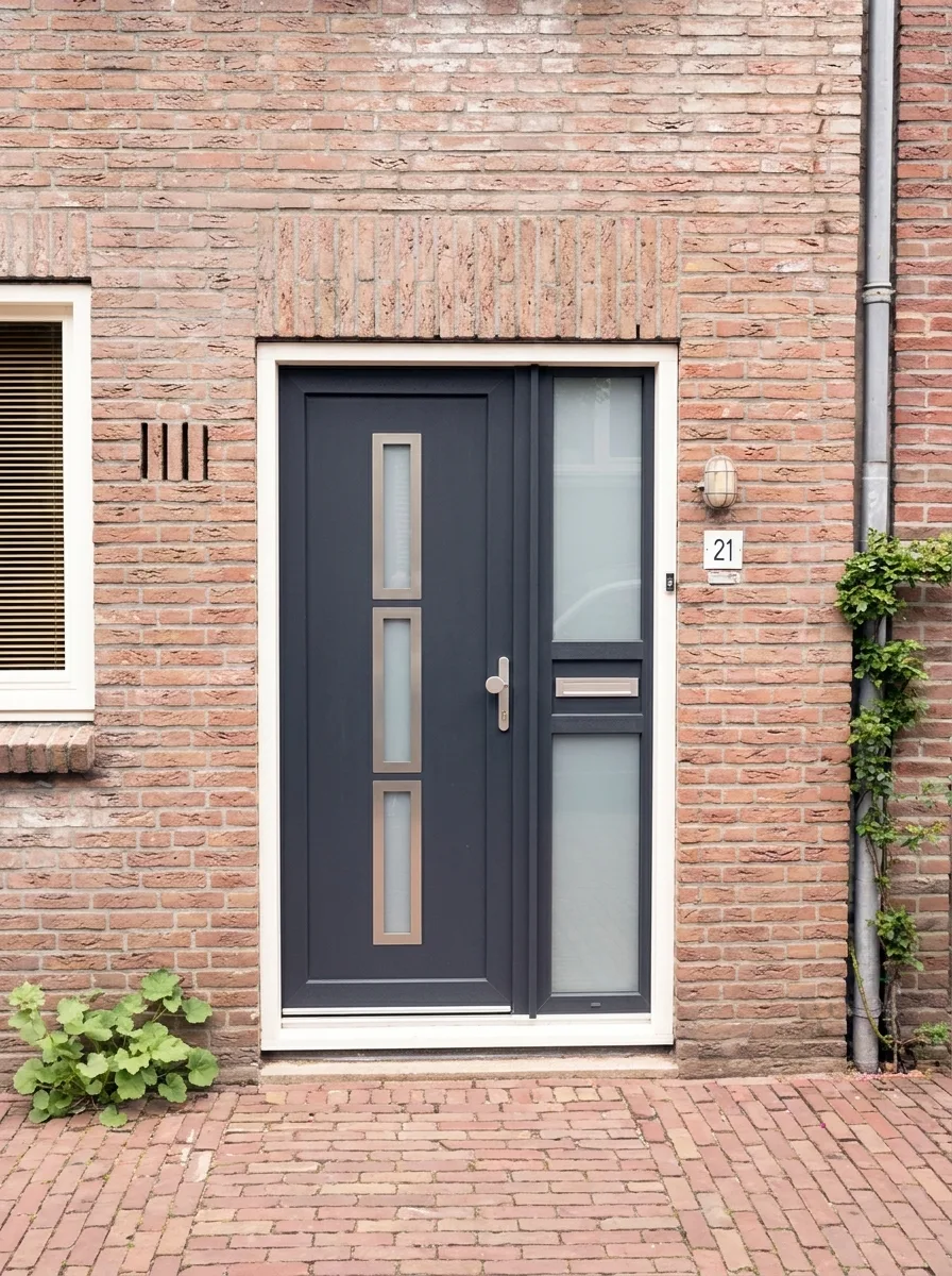 Moderne kunststof voordeur met zijlicht, gebouwd in een bakstenen muur