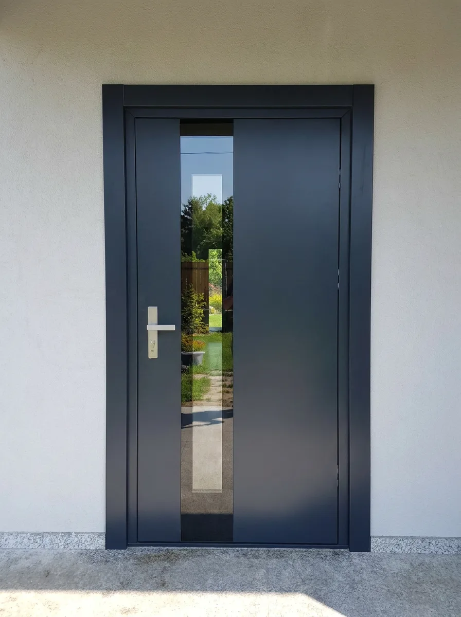 Moderne aluminium voordeur met glazen paneel, die licht en functionaliteit biedt