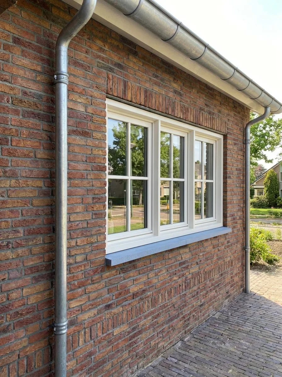 Uitzicht op kunststof kozijnen met een strak ontwerp op een bakstenen muur