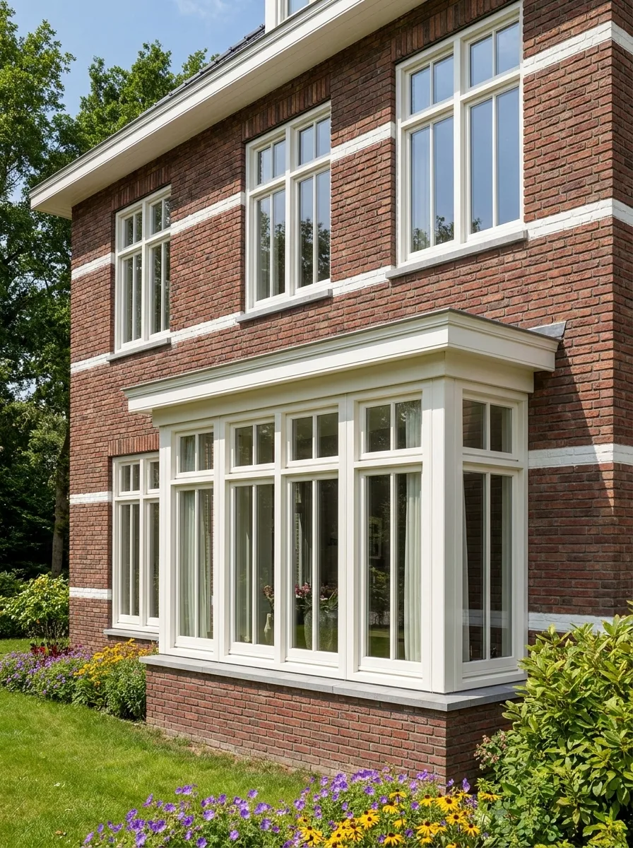 Een modern huis met kunststof kozijnen, omgeven door groene tuin en bloemen