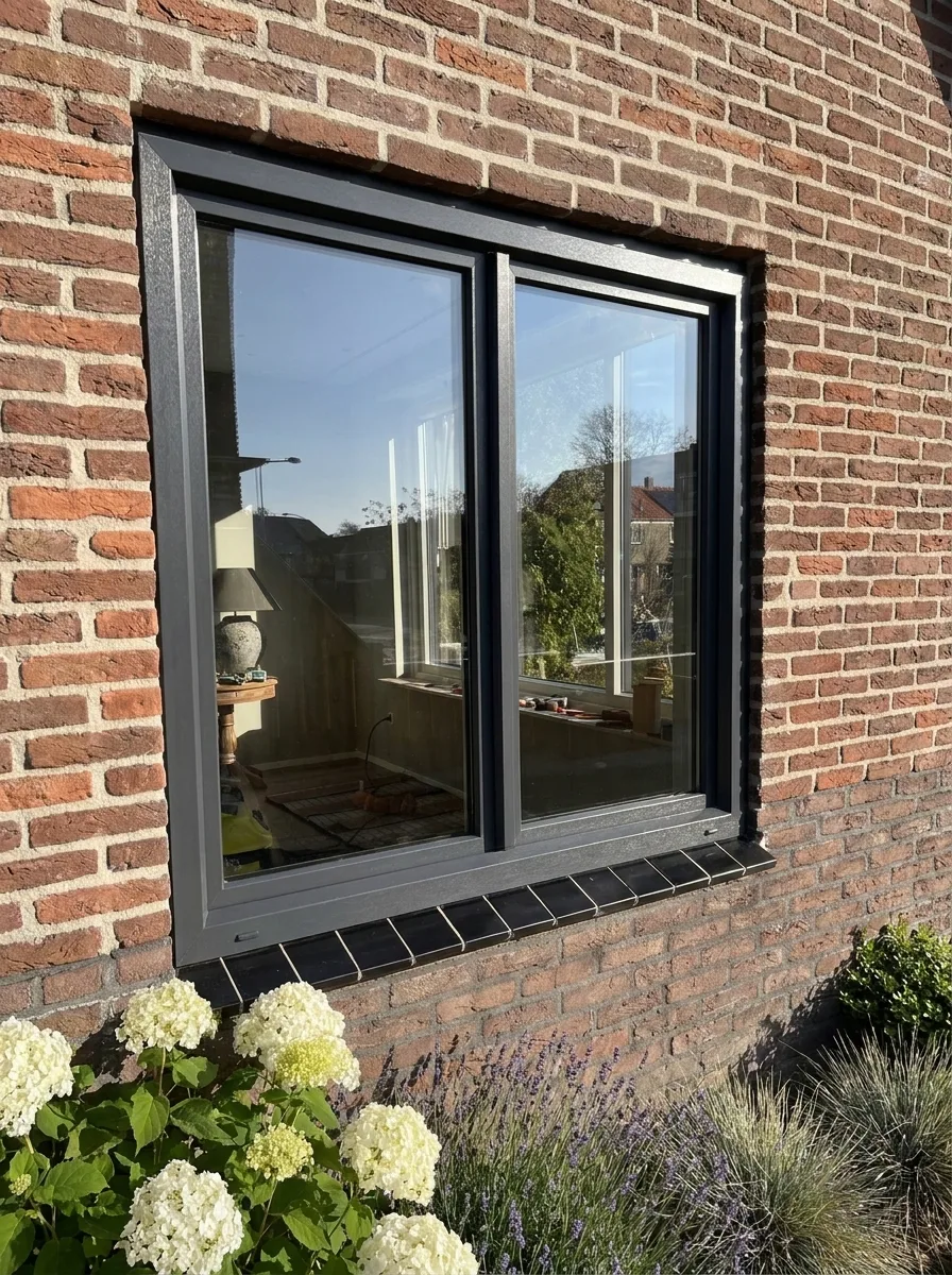 Dubbelzijdig kunststof raam met zwarte kozijnen in een bakstenen muur