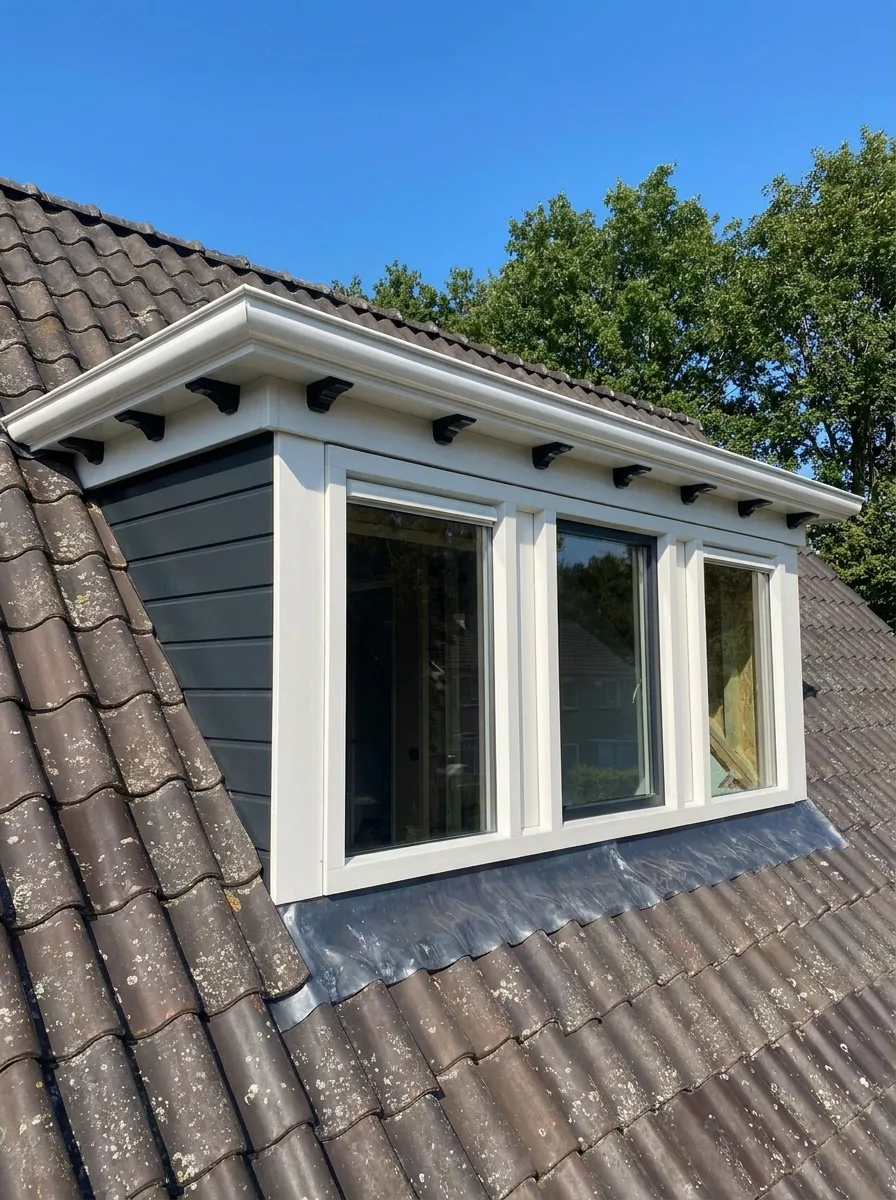 Dakkapel met witte kunststof kozijnen op een dak met leisteen