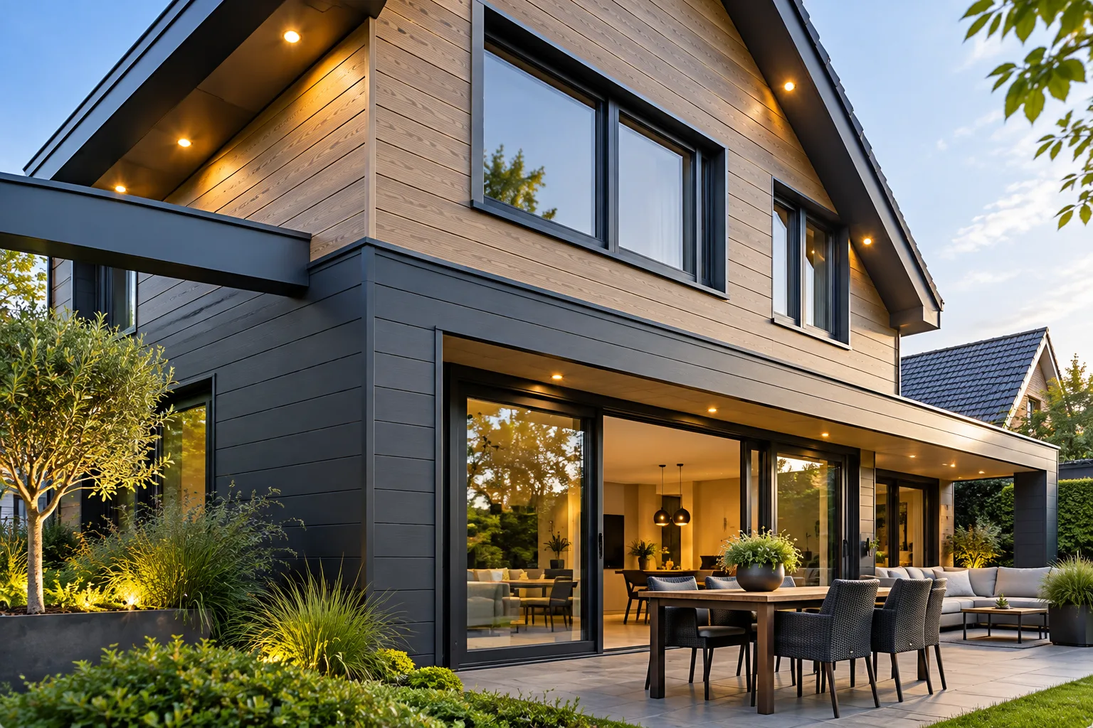 Moderne woning met grote aluminium kozijnen en een terras met eetset