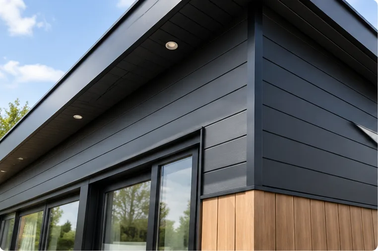 Details van een modern gebouw met kunststof gevelbekleding en grote ramen
