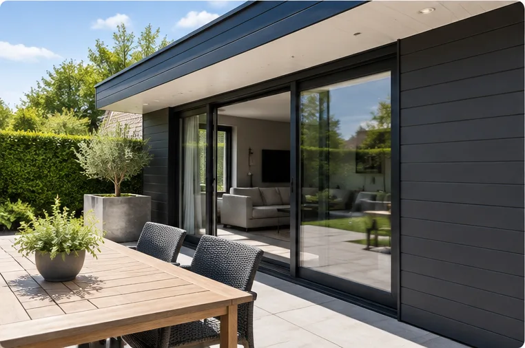 Moderne aluminium schuifpui met uitzicht op een groene tuin en zithoek