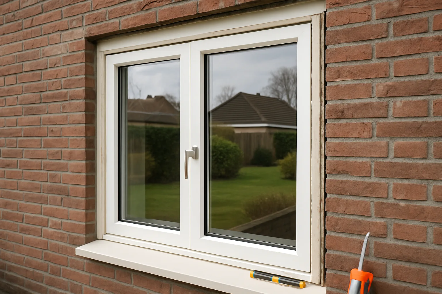 Een kunststof raam met dubbele beglazing in een bakstenen muur