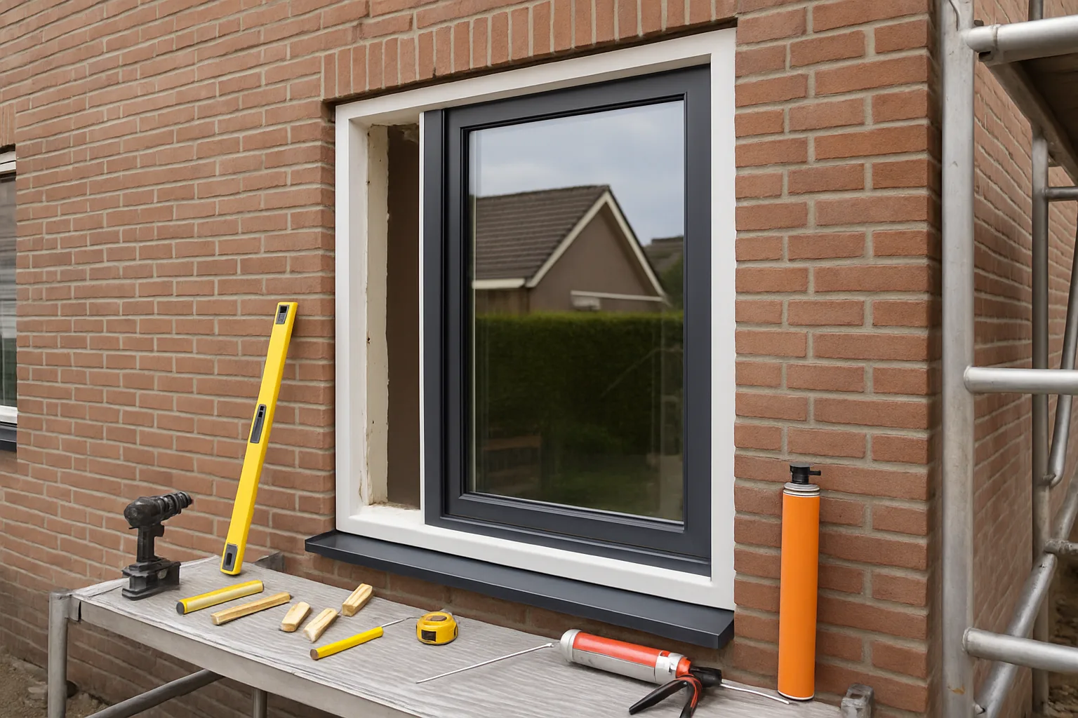 Nieuw geplaatst Aluminium kozijnen met gereedschap op de bouwplaats