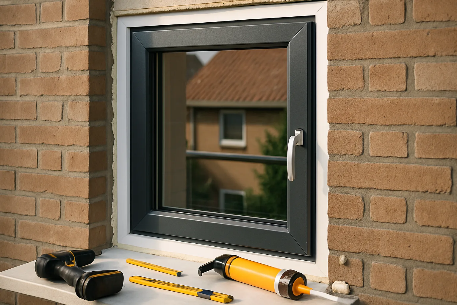 Een nieuw aluminium raam met gereedschap eromheen, klaar voor installatie
