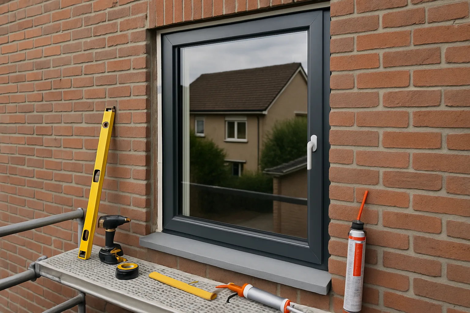 Kozijninstallatie met hulpmaterialen en een reflectie van een huis op het glas
