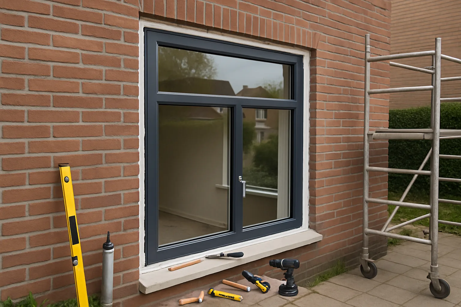 Nieuwe aluminium kozijnen worden geplaatst in een brick gevel