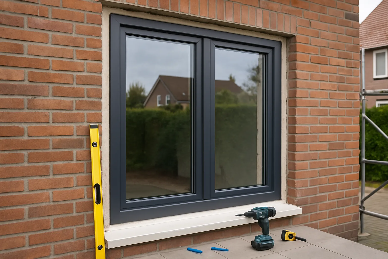 Twee kunststof kozijnen in een bakstenen muur met gereedschap ernaast