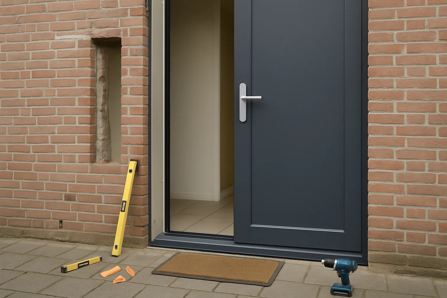 Donkergrijze voordeur met waterpas en boormachine voor installatie