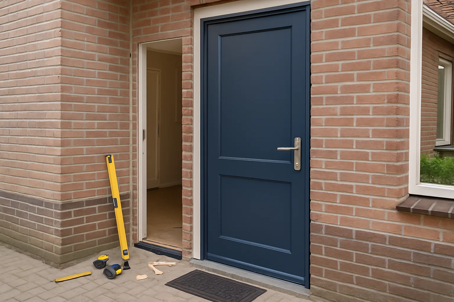 Strak blauwe voordeur met een bouwplaats in de omgeving, inclusief gereedschap en materiaal