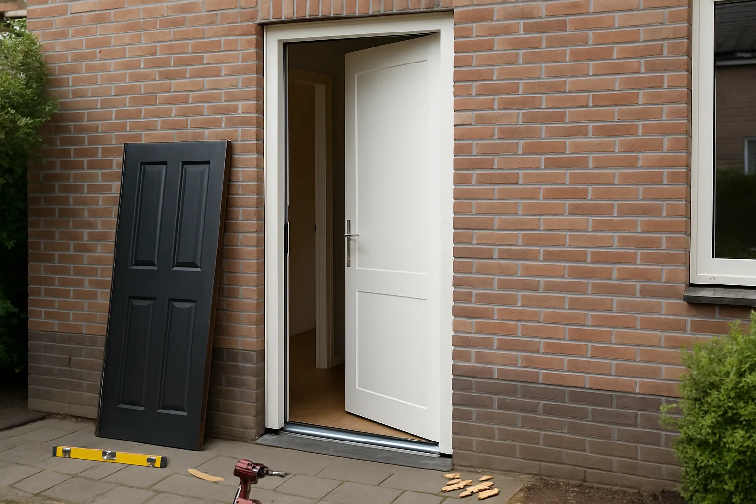 Nieuwe kunststof voordeur wordt geïnstalleerd, met gereedschap en materialen in de omgeving